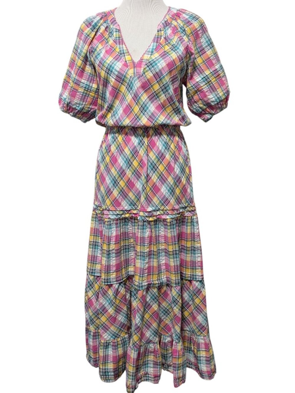 Betsey Johnson Womens Sz M Pink Yellow Plaid Tier Ruffle Puff Sleeve Midi Dress